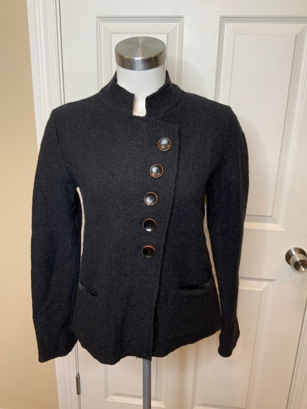 HWR Black Boiled Wool Asymmetrical Button-Up Jacket, Size XS